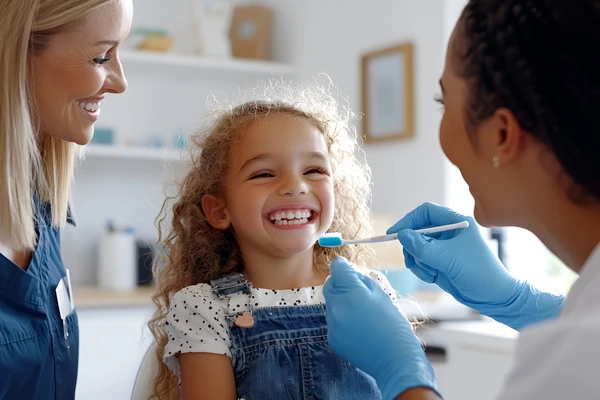 Young girl enjoying dentist visit with female professionals in clinic/